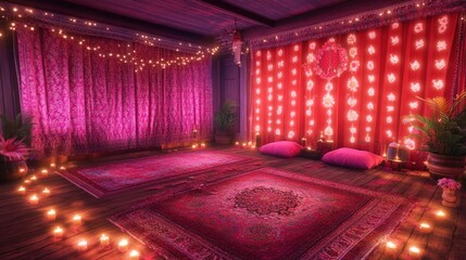 Cozy Meditation Room with Ambient Lighting and Rugs for Relaxation
