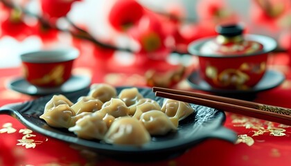 Delicious dumplings feast traditional chinese setting food photography vibrant environment close-up view culinary delight