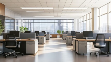 A blurred background of an empty, contemporary office space sets scene for a professional environment with clean lines and modern design 