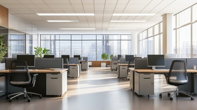 A blurred background of an empty, contemporary office space sets scene for a professional environment with clean lines and modern design 