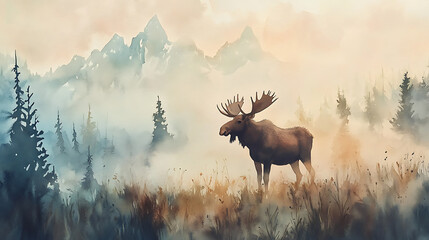 A serene watercolor of a moose standing in a misty mountain meadow 