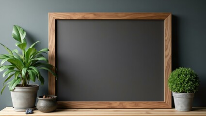 A clean charcoal gray background offers a blank wooden signage board with ample space for text