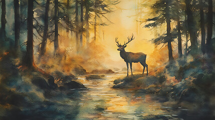 A serene watercolor of a stag standing at the edge of a glowing forest stream 