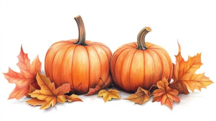 Autumn pumpkins, fall leaves, white background, harvest illustration, Thanksgiving