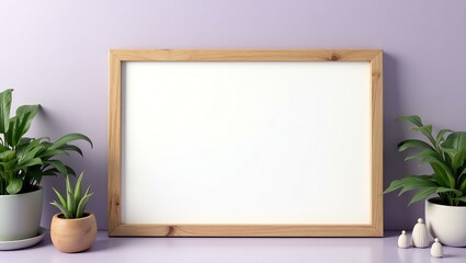 A clean soft lavender background offers a blank wooden signage board with ample space for text