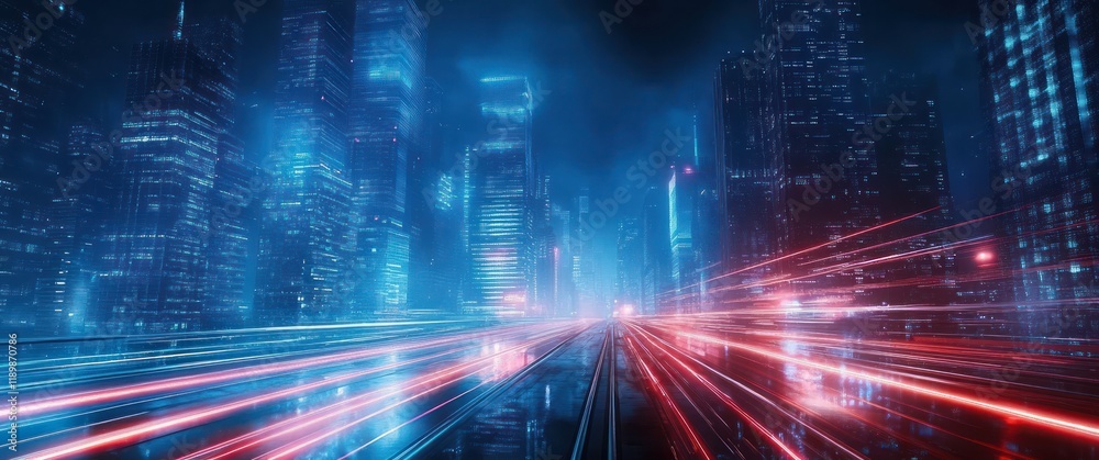 Aufkleber futuristic cityscape night rendering with neon lights skyscrapers and hyperloop technology fast vehi