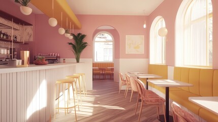 Obraz premium The modern cafe features a minimalist design with pink and white walls, a wooden floor, and stylish furniture, creating a cozy and contemporary atmosphere. This 3D rendering showcases the concept of a