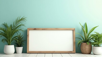 A clean ocean gradient background offers a blank wooden signage board with ample space for text