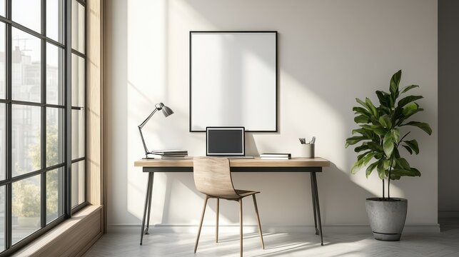 The modern home office features a bright interior with an empty framed poster on a white wall, bathed in natural sunlight. The design emphasizes a clean, contemporary look with a focus on a mockup con