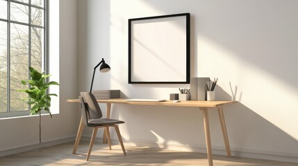 The modern home office features a bright interior with an empty framed poster on a white wall, bathed in natural sunlight. The design emphasizes a clean, contemporary look with a focus on a mockup con