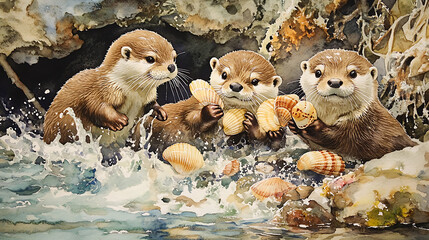 A whimsical watercolor of a group of otters playing with shells in a river 