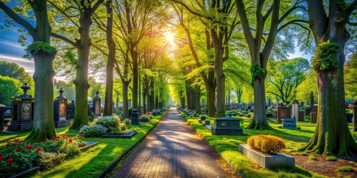 Serene Spring Day in St. Petrus Banden Cemetery, The Hague: Pathways Under a Blue Sky