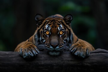 Fototapeta premium Realistic image of a young tiger with glowing eyes, perched on a tree branch, looking intensely at the viewer with a menacing and alert posture