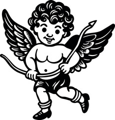 Fototapeta premium Vintage-style cherub with wings and bow. Black and white line art illustration of Cupid for Valentine's Day design