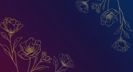 "A minimalist floral abstraction with line art of flowers in metallic gold and silver over a gradient background transitioning from deep purple to midnight blue."