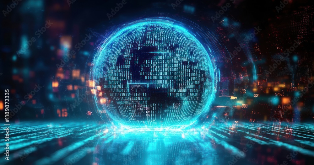 Leinwandbilder futuristic digital globe with binary code and neon lights in a technology landscape