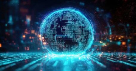 Obraz premium Futuristic Digital Globe with Binary Code and Neon Lights in a Technology Landscape