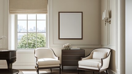 Fototapeta premium The stylish home interior showcases elegant armchairs and a sleek drawer positioned near a window, creating a sophisticated and inviting space. The mockup frame on the wall allows for personalized dec