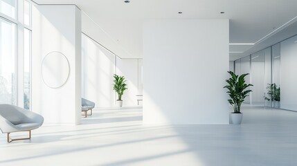 The white open space office corner features a clean, minimalist design with a mock-up wall ideal for showcasing branding or artwork. The bright and uncluttered environment enhances focus and productiv