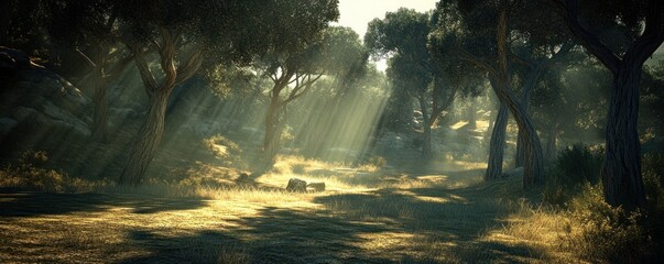 Sunlit Forest Path with Dappled Light through Trees, Ideal for Nature Retreat Promotions