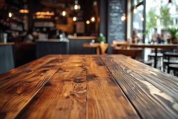 Warm Rustic Wooden Table in Café Scene