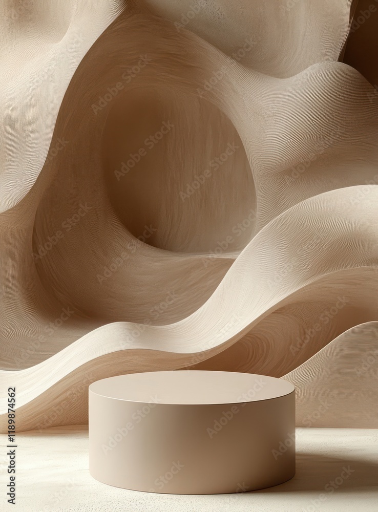 Poster minimalist 3d display pedestal with soft neutral toned cloth wind flowing in scandinavian style