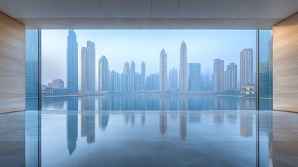 Cityscape viewed from modern interior.