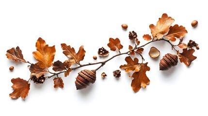 Obraz premium Autumnal Oak Branch Arrangement with Acorns and Leaves