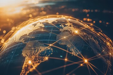 abstract shake featuring a globe cityscape and futuristic network links illustrating global business partnerships and digital transformation