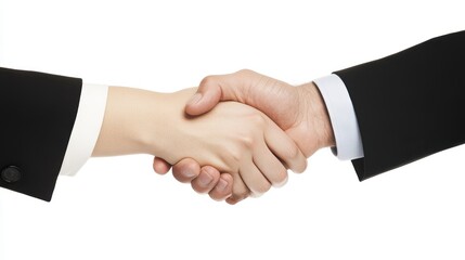Two individuals in business attire shaking hands against a white background, representing agreement and partnership in a professional context.