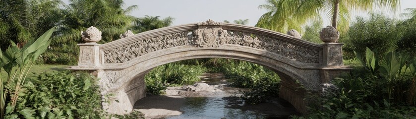 Obraz premium Ornate Stone Bridge Over Tropical Stream in Lush Garden Setting Surrounded by Vibrant Flora