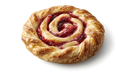 A delicious swirl pastry filled with sweet raspberry jam. Flaky layers of golden-brown dough create a tempting treat, perfect for breakfast or dessert.