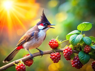Surreal Red Whiskered Bulbul Eating Blackberry, Fantasy Bird Photography, Magical Avian Art, Dreamlike Nature Scene