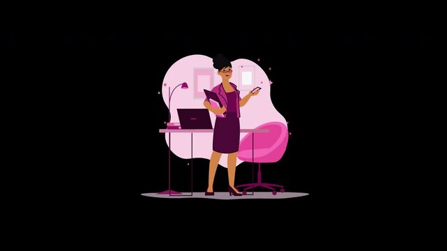 A professional African woman in a purple dress works at her stylish pink desk with a laptop and phone.
