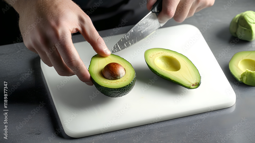 Canvas Prints Close-up of hands expertly slicing a ripe avocado on a white cutting board. The avocado is halved, revealing its creamy interior. A sharp knife is used, and other avocados are visible nearby.