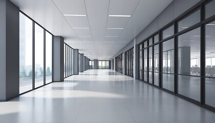 Modern Office Corridor With Glass Walls and Sunlight