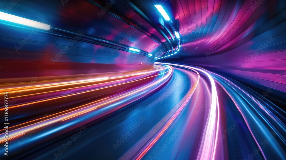 Poster explore this vivid image of light trails curving through a tunnel, capturing motion and speed with a