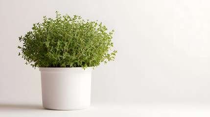 A lush thyme plant in a white pot sits against a minimalist white background. The vibrant green of the herb contrasts beautifully with the clean, simple backdrop.