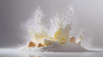 A dramatic splash of milk and butter explodes over eggs nestled in a mound of flour.  The image evokes baking and culinary artistry.