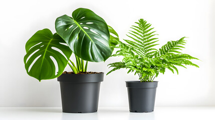 A Monstera deliciosa and a fern in dark gray pots sit on a white surface against a white background. The plants are vibrant green and healthy.