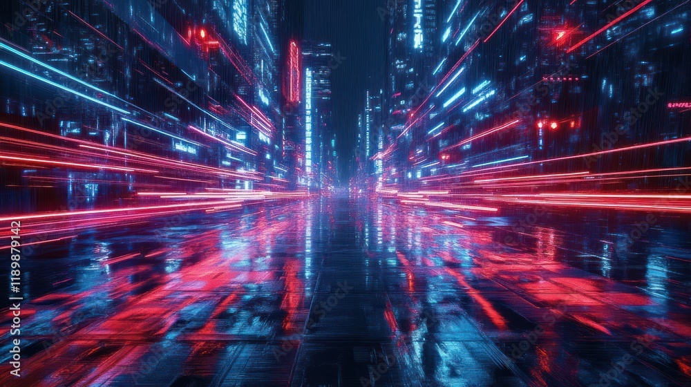 Poster Futuristic Cityscape with Neon Lights in Cyberpunk Style Featuring Warp Speed Hyperloop and Dynamic Lighting