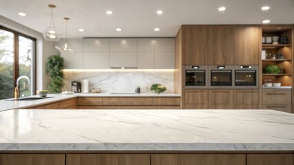 White marble countertop against a modern illuminated wood kitchen, ideal for product mock up photography