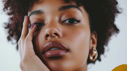 close up portrait of a woman touching her face