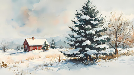 Watercolor christmas tree standing proud in the snow. Windcrest. Illustration