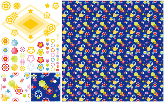 シームレスパターンテクスチャーと装飾図案デザイン「カラフル降る花柄」ビビッドカラー（Seamless pattern texture and decorative design "Colorful falling flowers" Vivid Colors.）