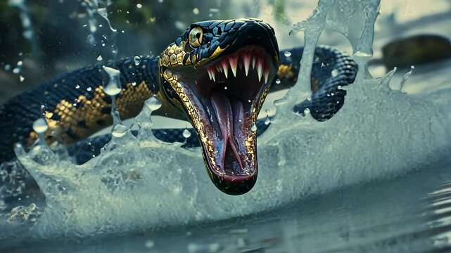 Massive snake attacks prey in river, showcasing its striking colors and powerful jaws during the hunt in a tropical environment