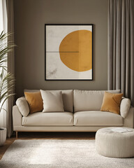 Scandinavian style living room with a beige couch, a cozy rug, and a framed mock up picture on the wall. Resident and Apartment Mockup and concept