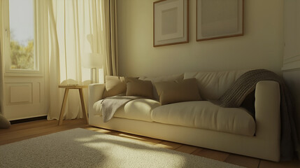 Scandinavian style living room with a beige couch, a cozy rug, and a framed mock up picture on the wall. Resident and Apartment Mockup and concept