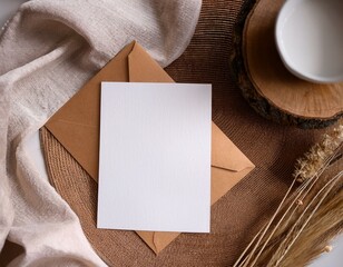 Fototapeta premium blank white invitation card or print mockup with neutral boho themed background