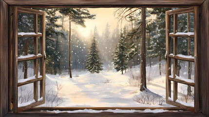Winter view through rustic window frame of a snowy forest landscape with sunlit trees and soft white snow covering the ground in a peaceful scenery. Windcrest. Illustration